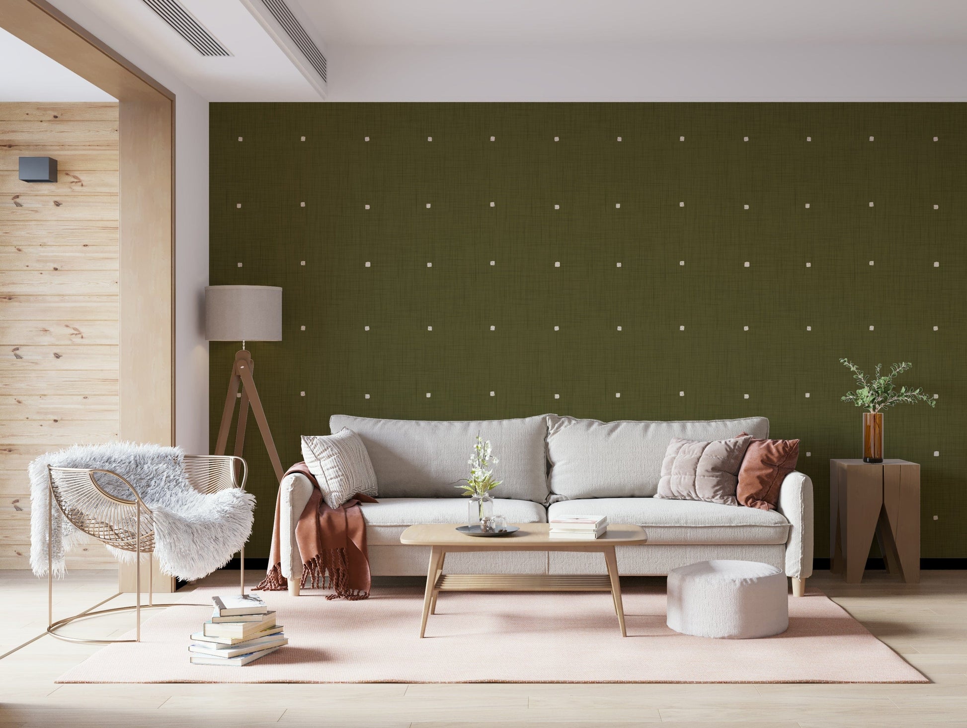 Fine woven appearance wallpaper Muted olive hue, scattered little dots.