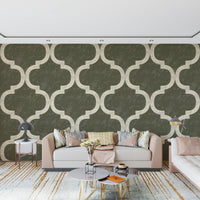 Statement Moroccan ogee wallpaper in deep olive green