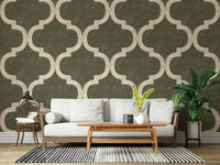 Vintage-style Moroccan ogee wallpaper in earthy olive tones