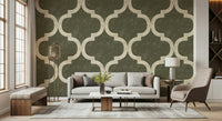 Rustic dark olive ogee wallpaper with distressed texture look