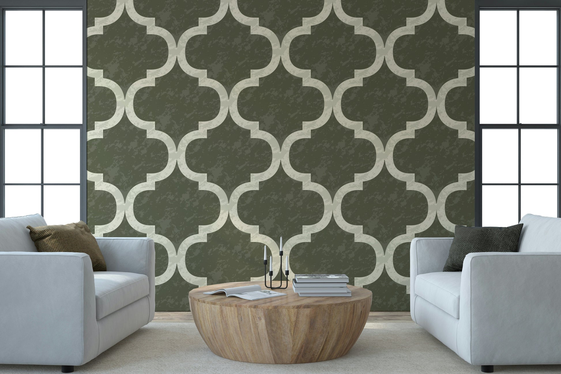 Olive green geometric wallpaper with Moroccan lattice motif