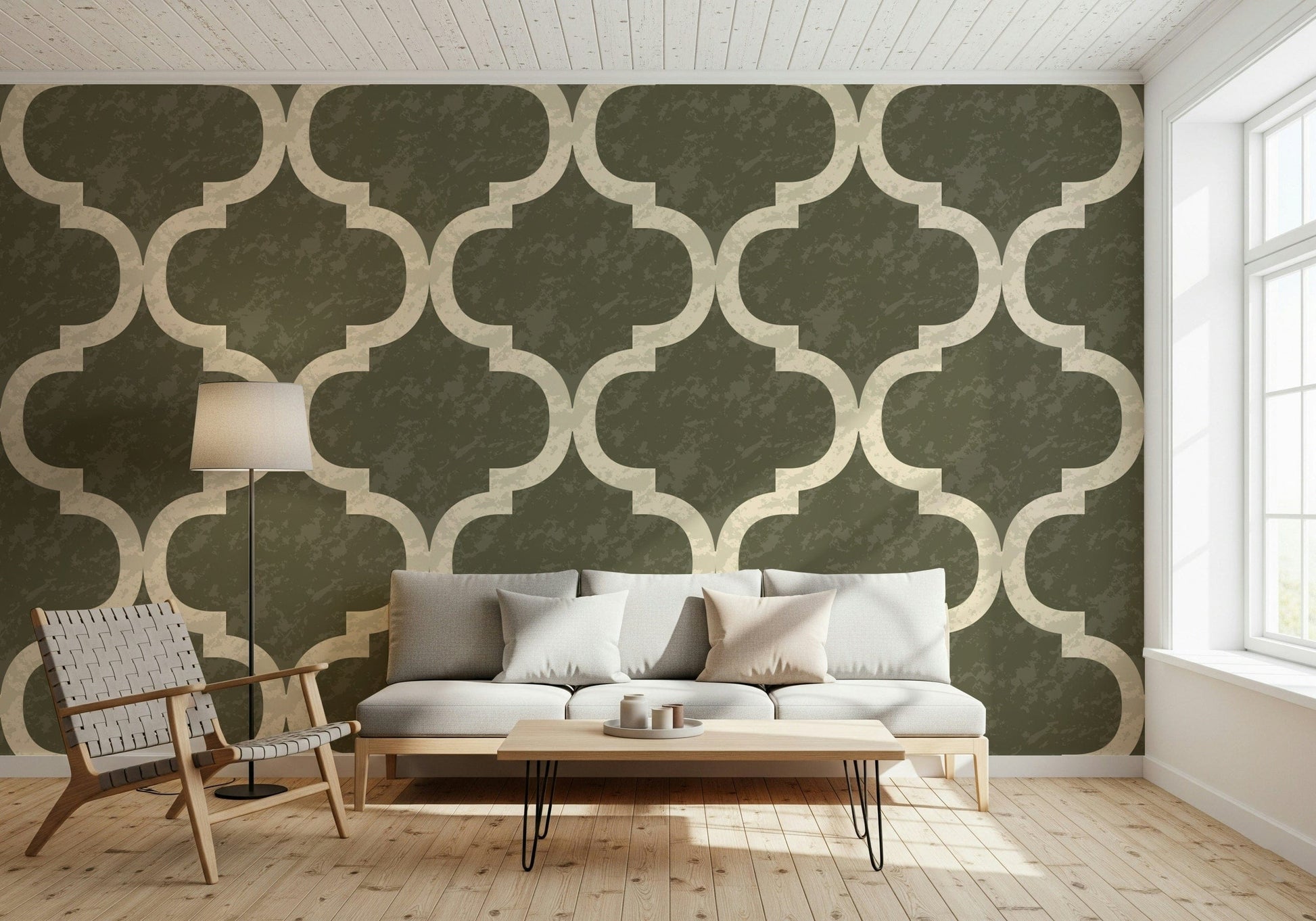 Dark olive Moroccan trellis wallpaper with ogee pattern