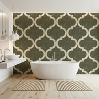 Moroccan ogee wallpaper in dark olive with ivory trellis