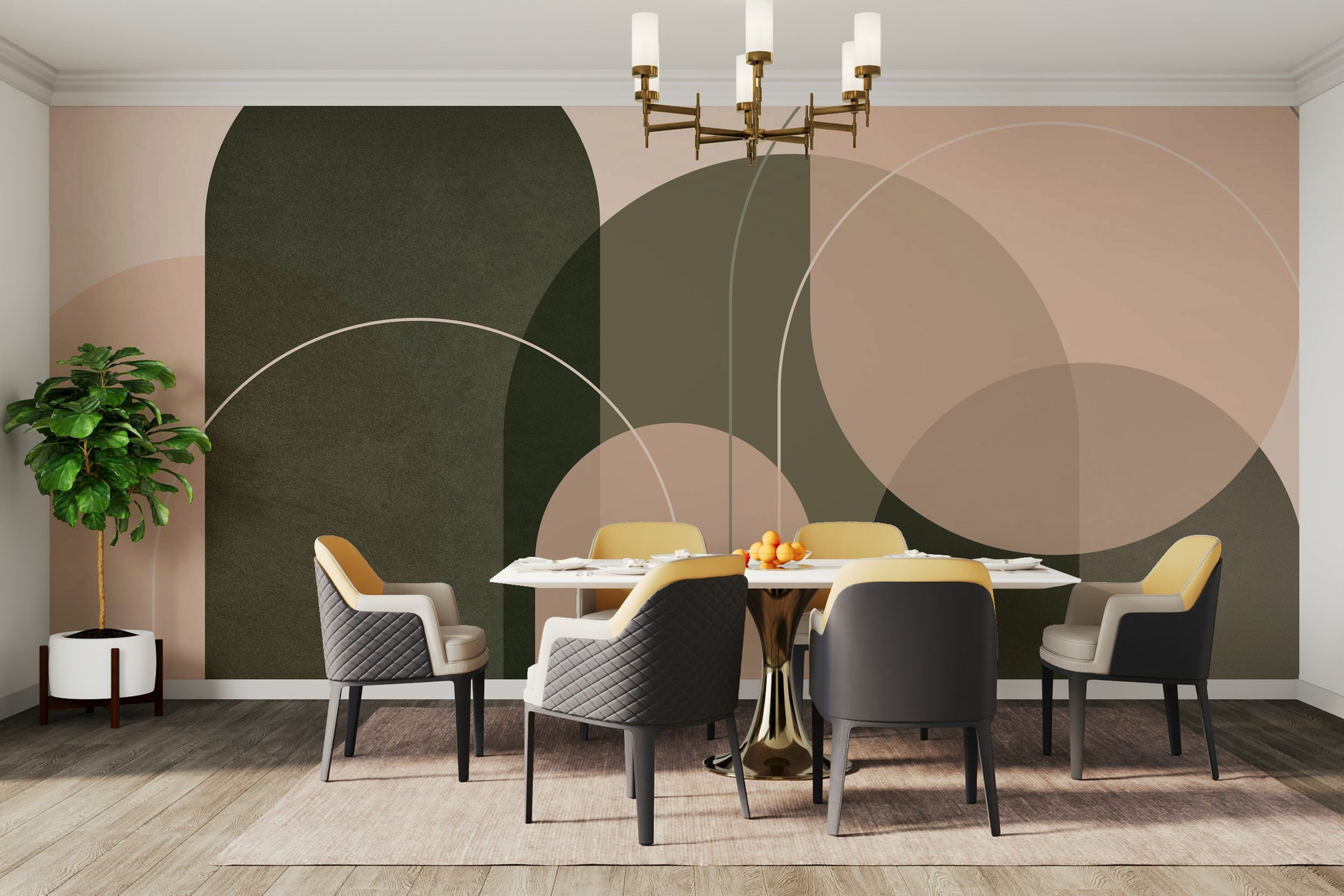 Abstract wall mural in peach and olive green

