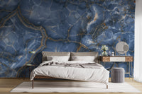Chic marble mural with white and blue onyx patterns
