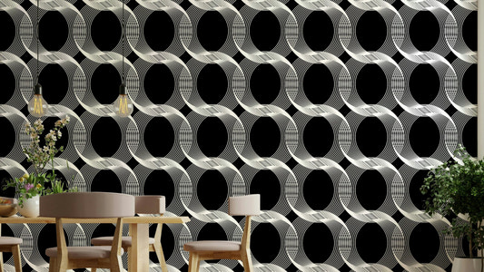 A home office with a stylish circles mural

