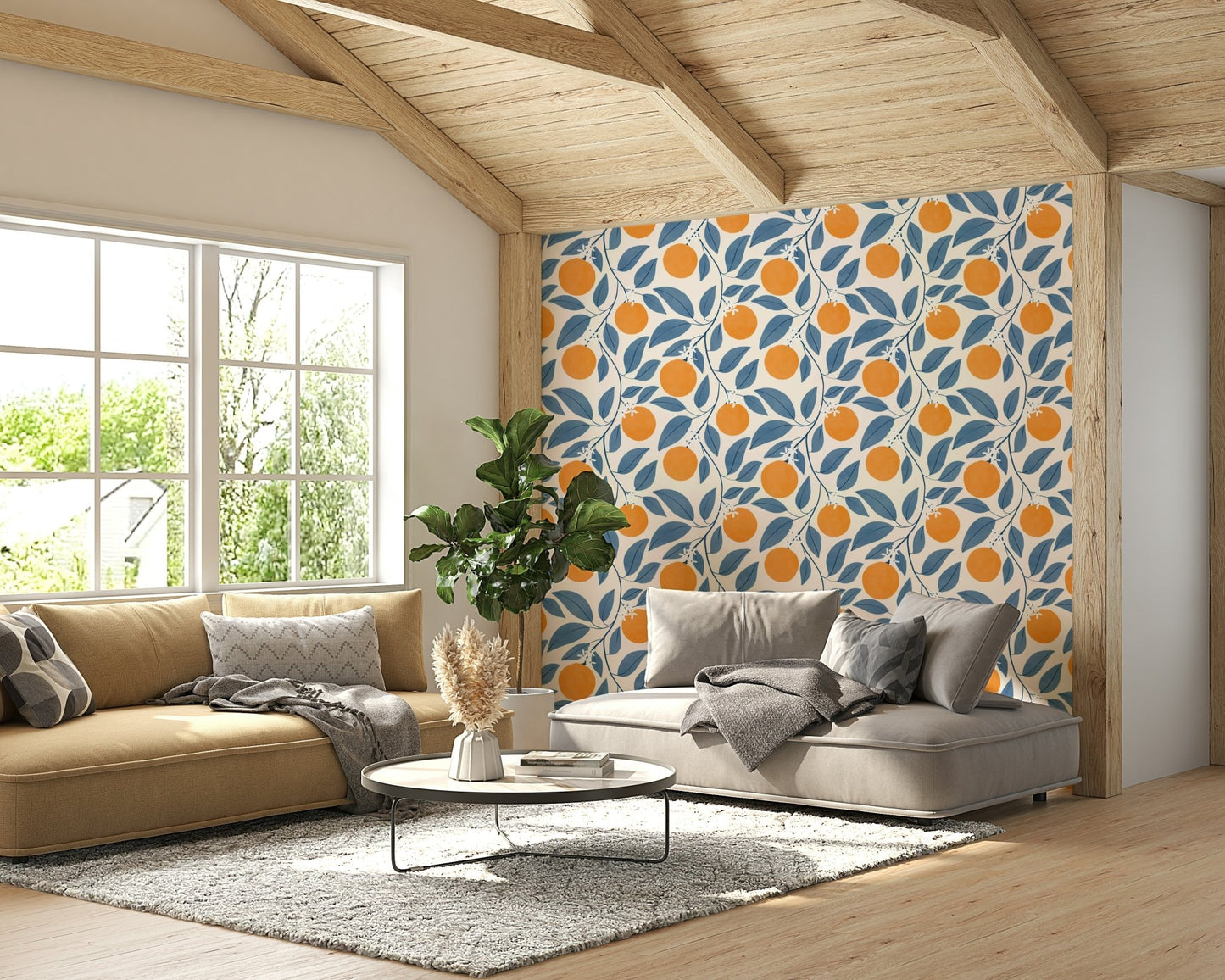 The image shows an artistic impression of a serene orange blossom scene.

