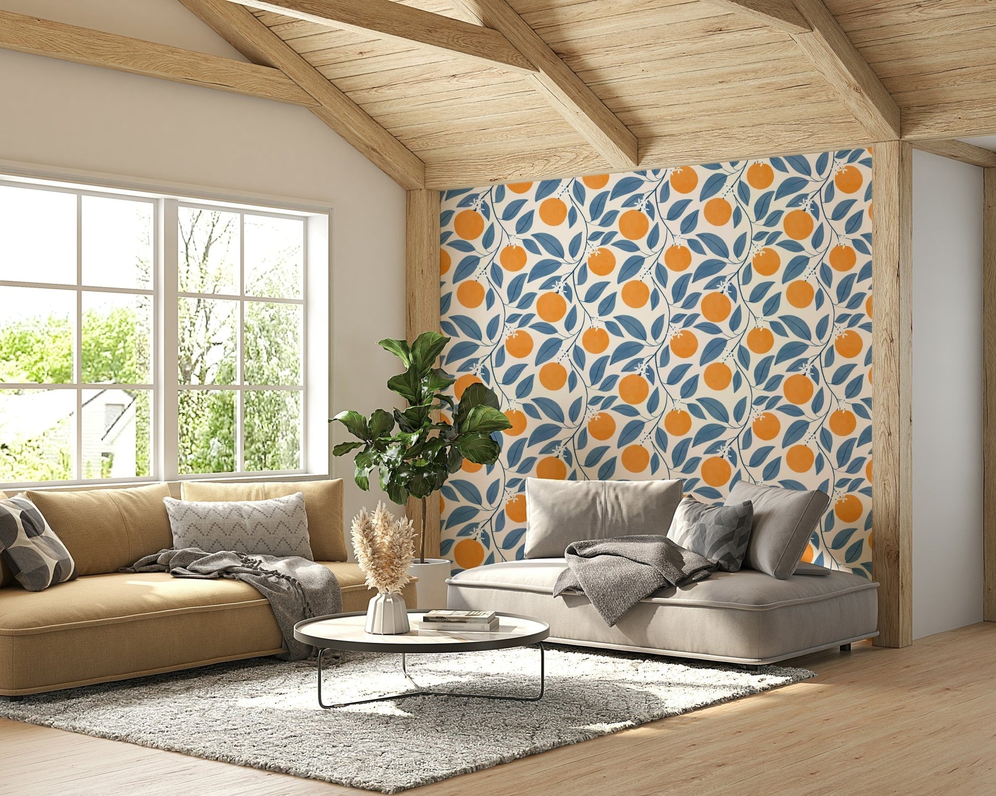The image shows an artistic impression of a serene orange blossom scene.

