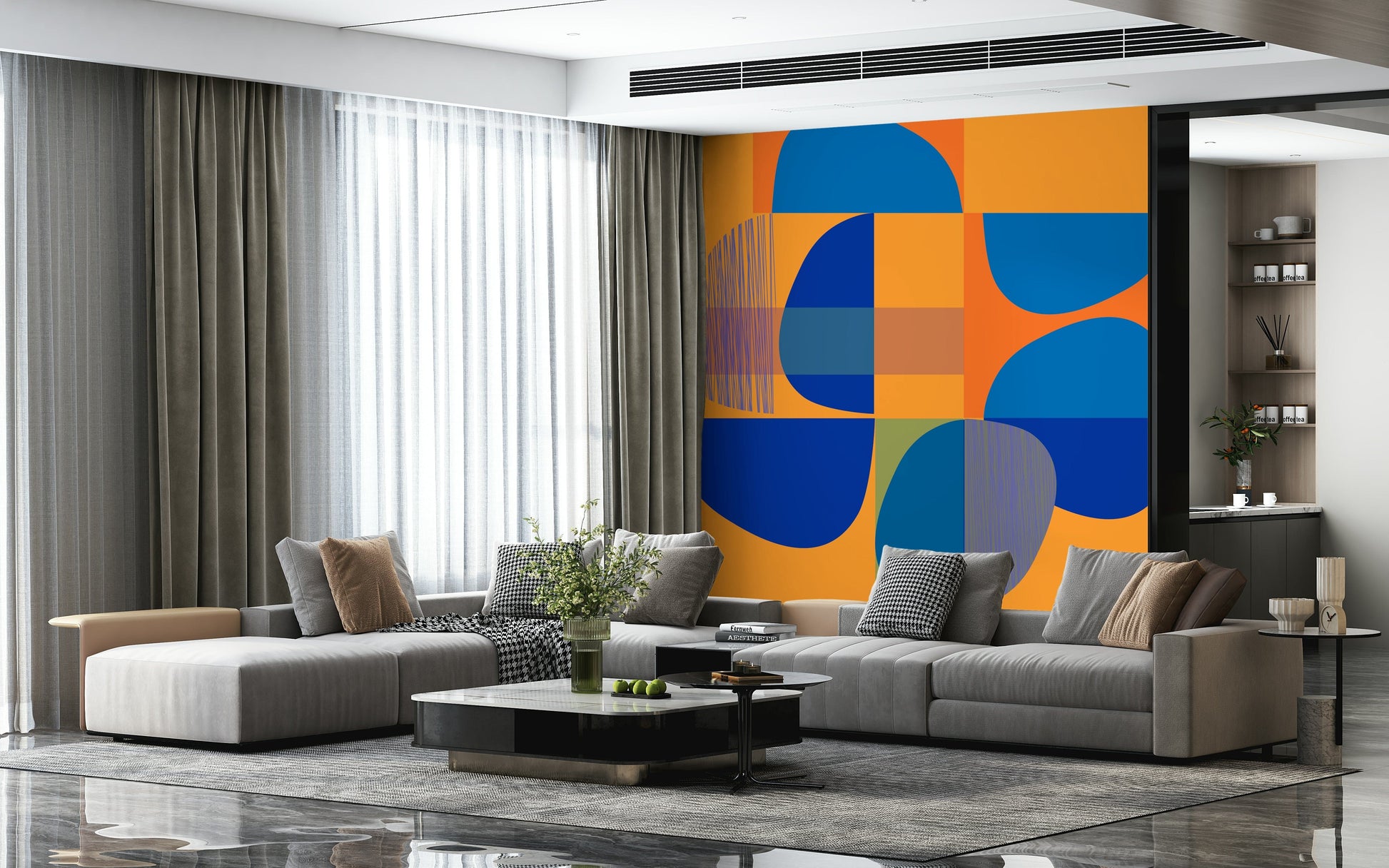 Bold Vivid Geometry design, striking orange and blue wall mural.