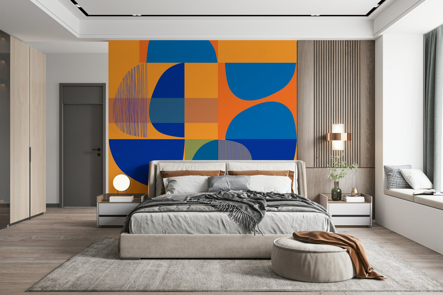 Vivid Geometry mural, bright abstract shapes wallpaper.