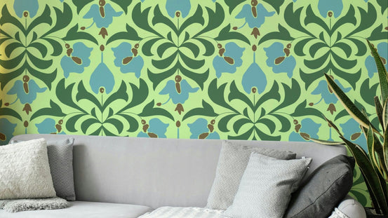 Orbisca - Botanical Balance wallpaper with green and blue floral damask on lime behind a grey sofa and snake plant in a living room