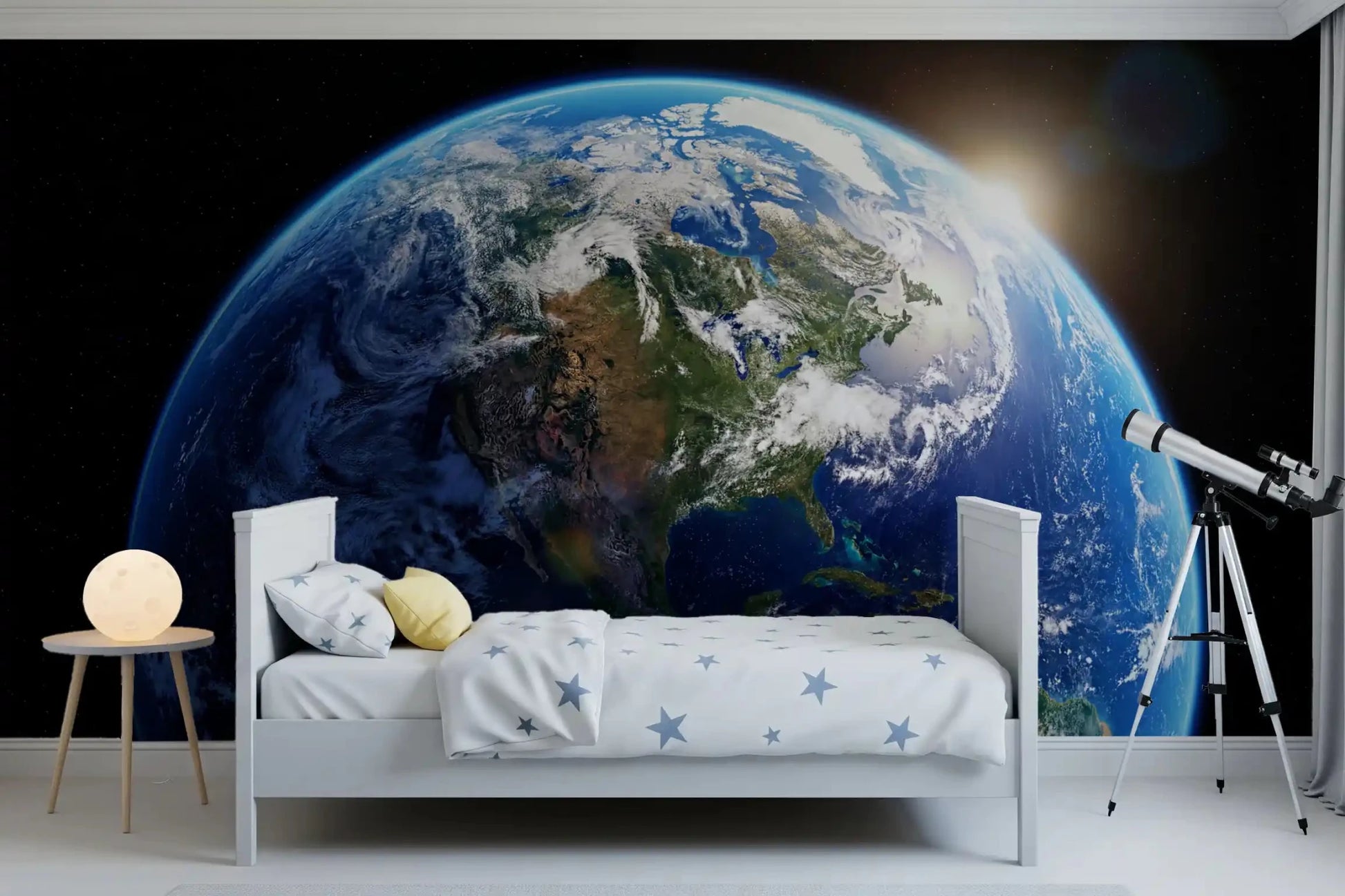 Teen room with space wall mural and luminous Earth curve scene