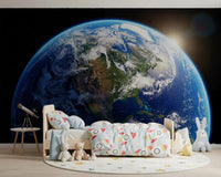 Kids room with orbital dawn wall mural and Earth sunrise space scene