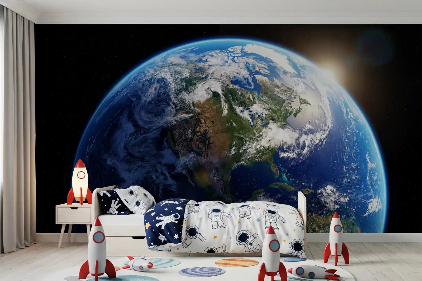 Playroom & Kids bedroom with space wall mural and bright planet sunrise detail