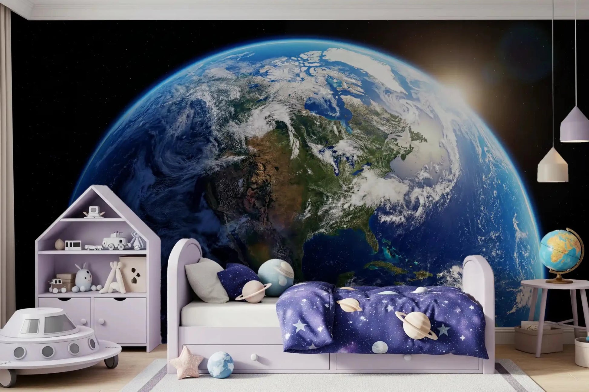 Boys room with orbital dawn wall mural and deep space backdrop