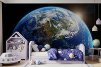 Boys room with orbital dawn wall mural and deep space backdrop