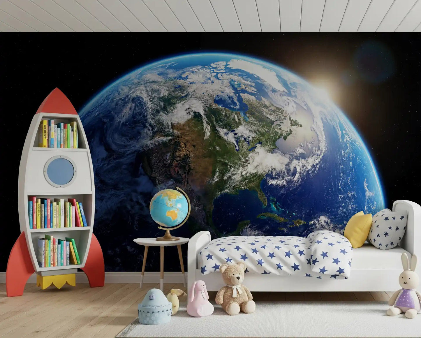 Nursery with Earth wall mural and glowing orbital horizon view