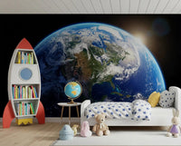Nursery with Earth wall mural and glowing orbital horizon view