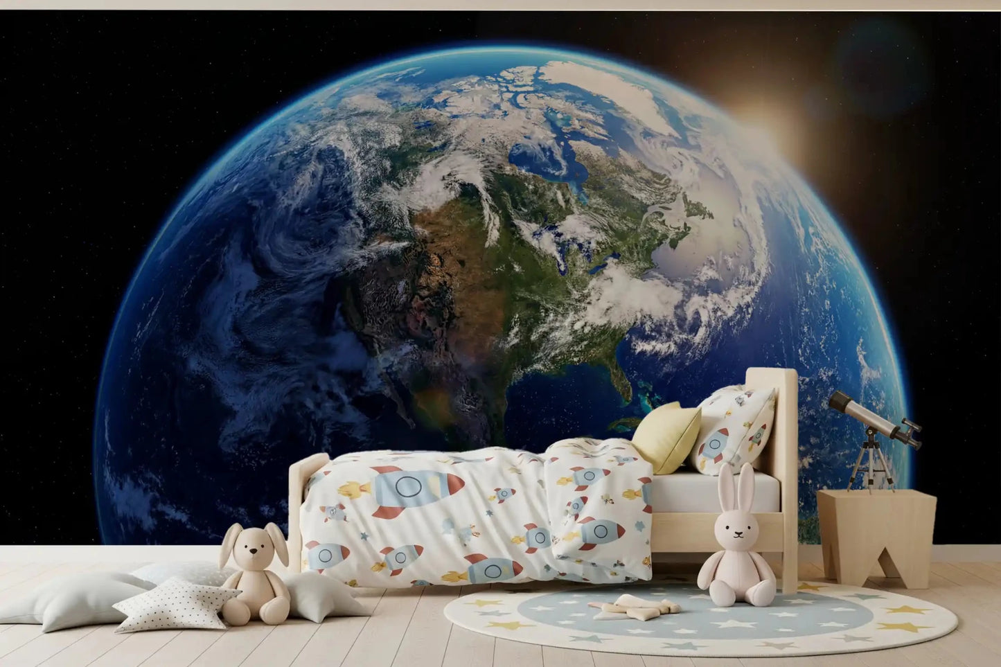 Kids bedroom  with orbital Earth wall mural and sunrise edge