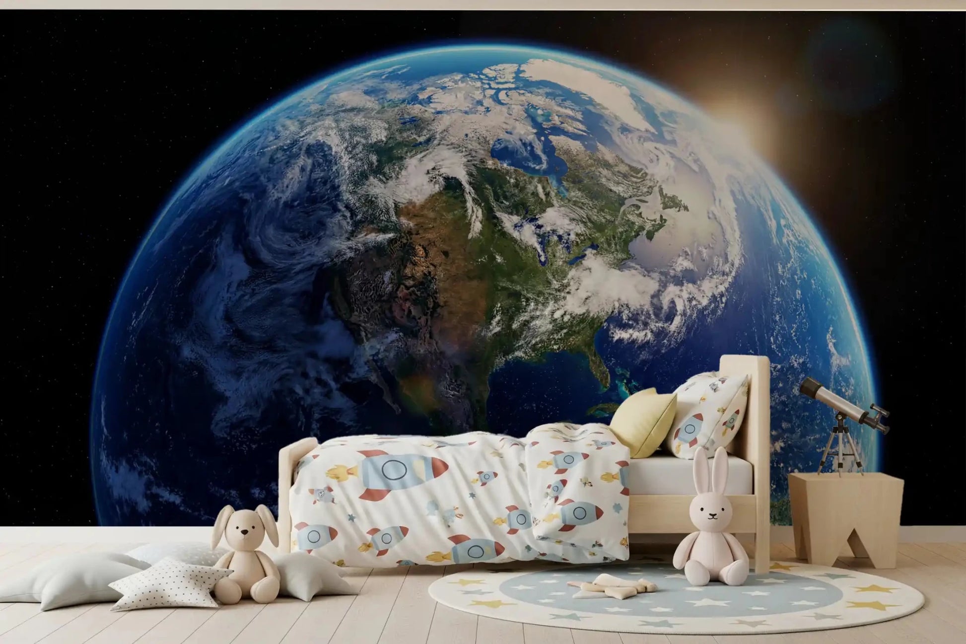 Kids bedroom  with orbital Earth wall mural and sunrise edge