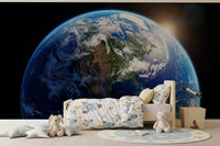 Kids bedroom  with orbital Earth wall mural and sunrise edge
