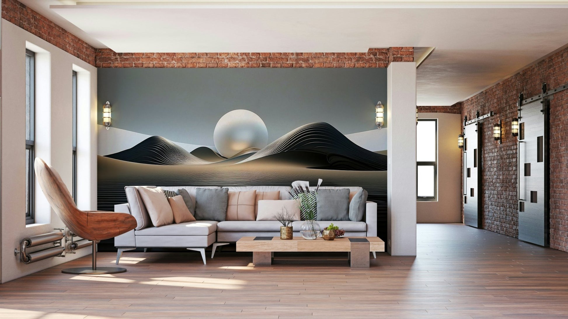 Abstract dune shapes blending warm and cool hues wallpaper

