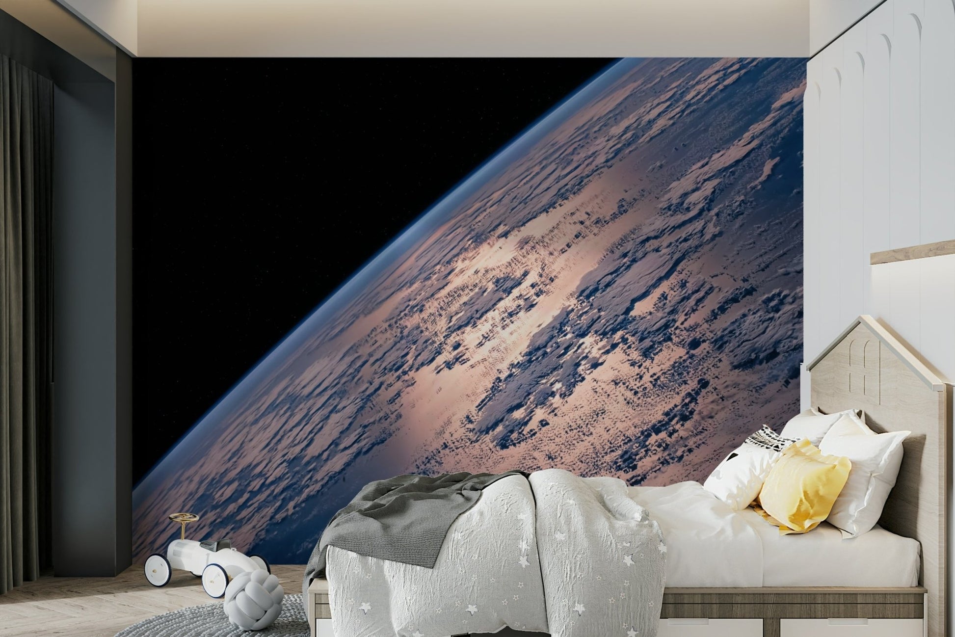 A wall mural of a peaceful celestial pattern.

