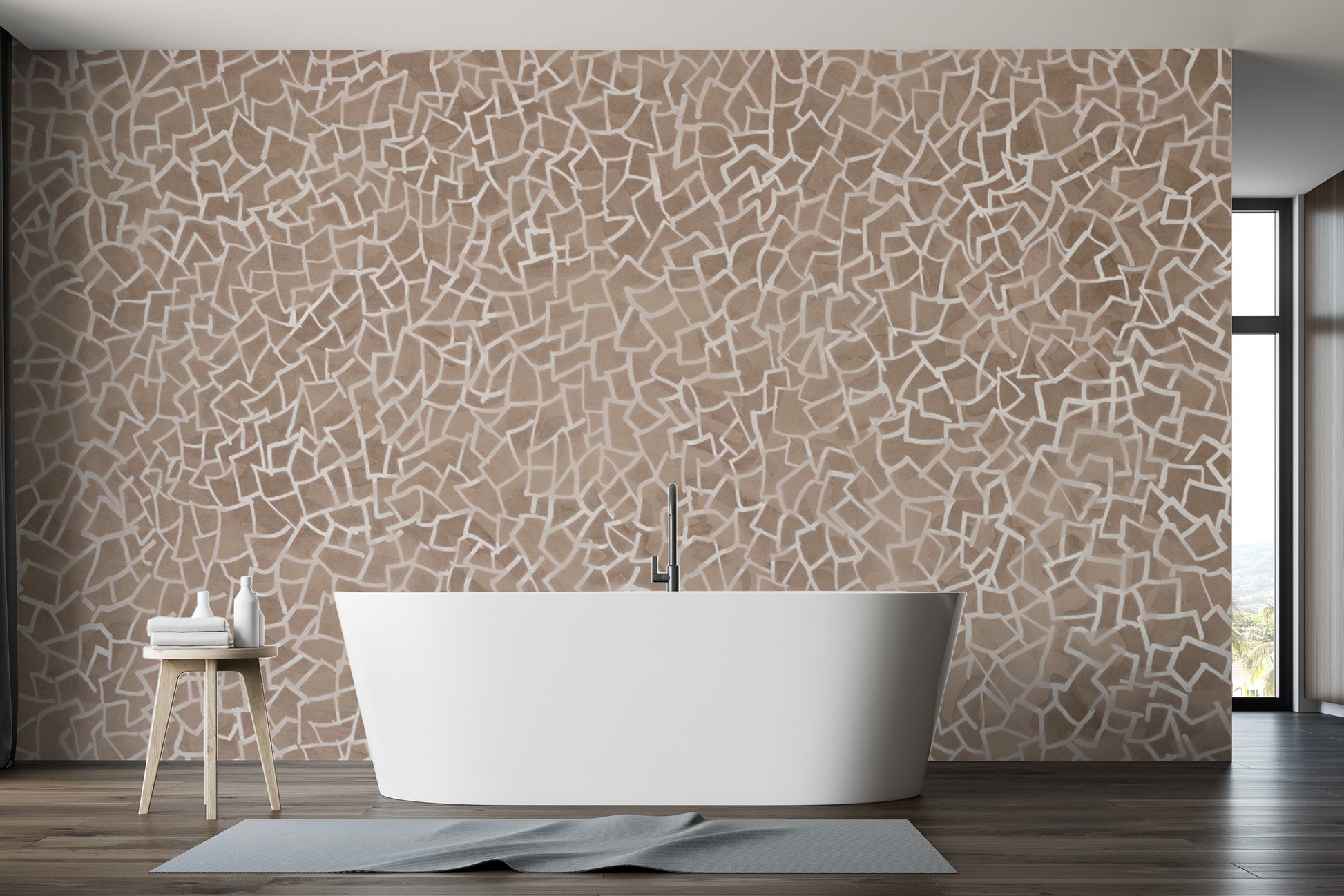 Abstract white lines on brown geometric mosaic wallpaper mural.
