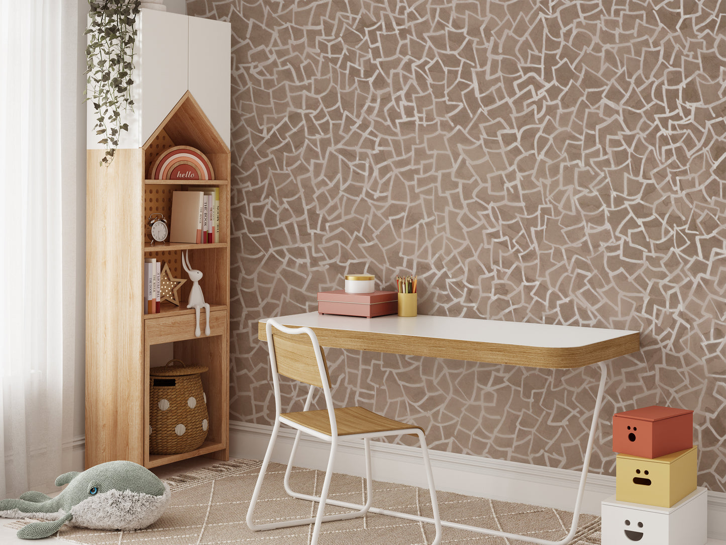 Brown geometric wallpaper mural featuring abstract white lines.
