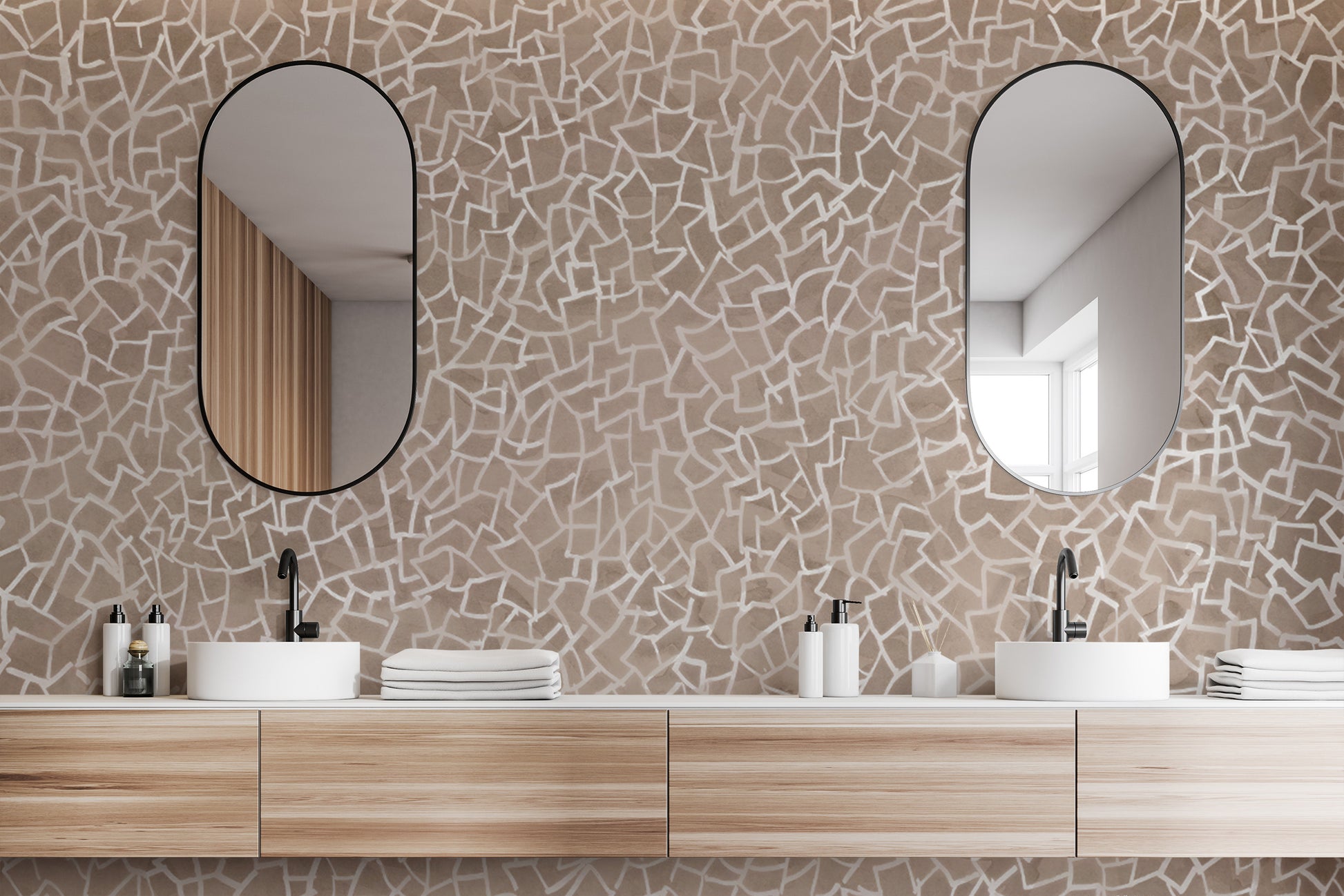 Abstract brown geometric mosaic wallpaper mural with white lines.
