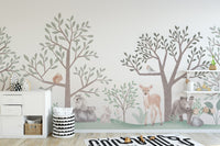 Soft pastel forest wallpaper with deer and squirrel art