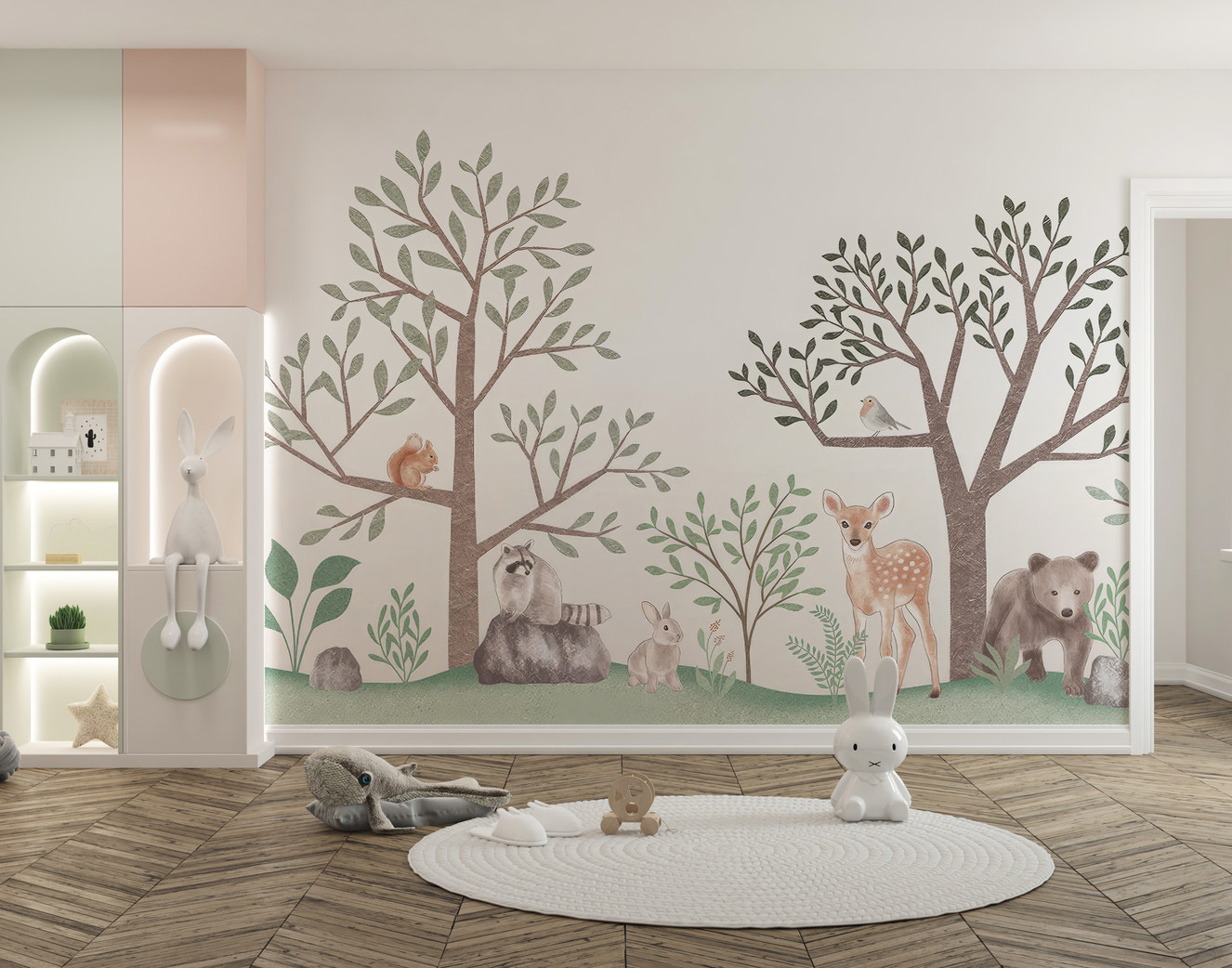 Playful enchanted forest wallpaper with wildlife details