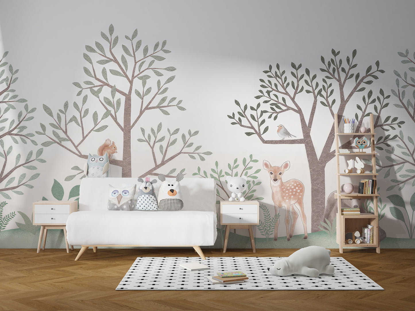 Watercolor forest wallpaper with deer and bear design