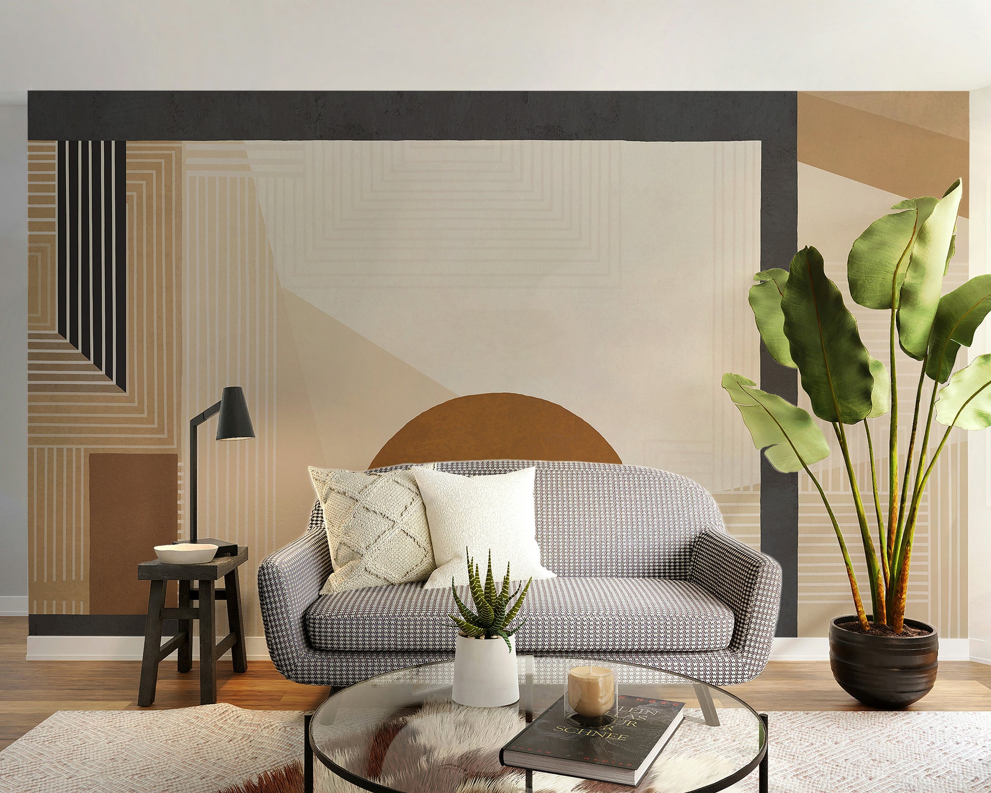 Geometric Modern Art wallpaper mural in tan tones behind a grey houndstooth sofa and tall green plant
