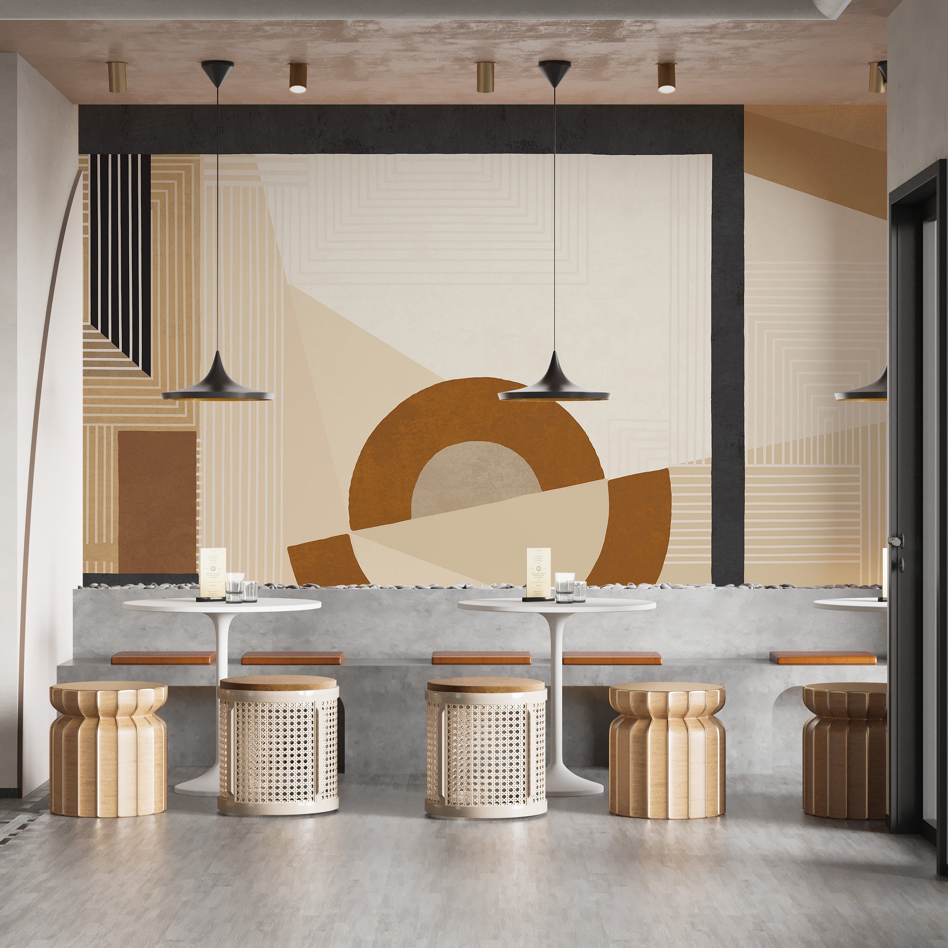 Geometric Modern Art wallpaper mural with terracotta circle behind cafe tables and woven rattan stools