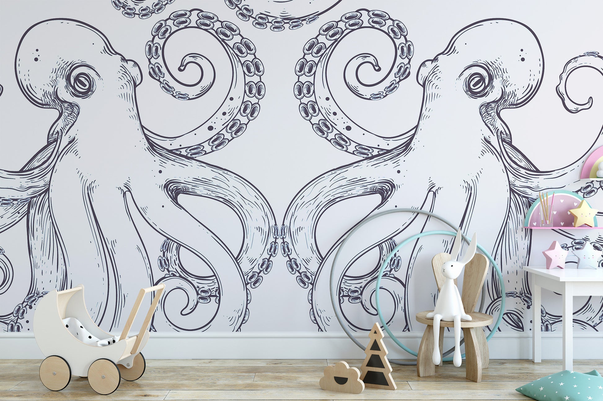 Giant Octopus Wall Mural peel and stick version in a nursery room featuring a white toy pram.