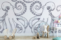 Giant Octopus Wall Mural peel and stick version in a nursery room featuring a white toy pram.