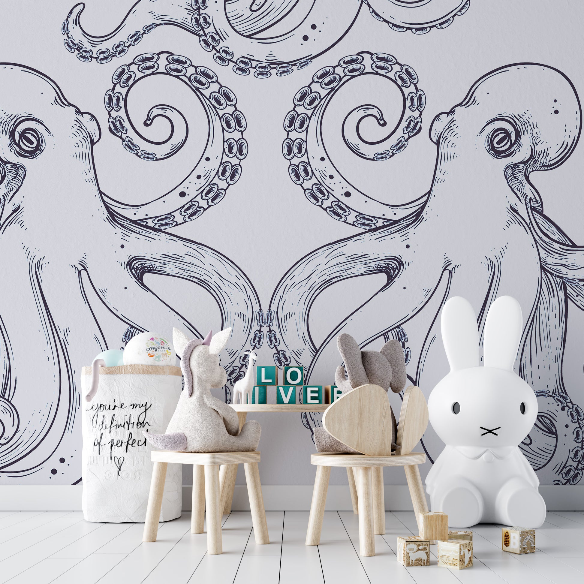 Temporary Giant Octopus Wall Mural in a playroom with white bunny chairs and a small white table.