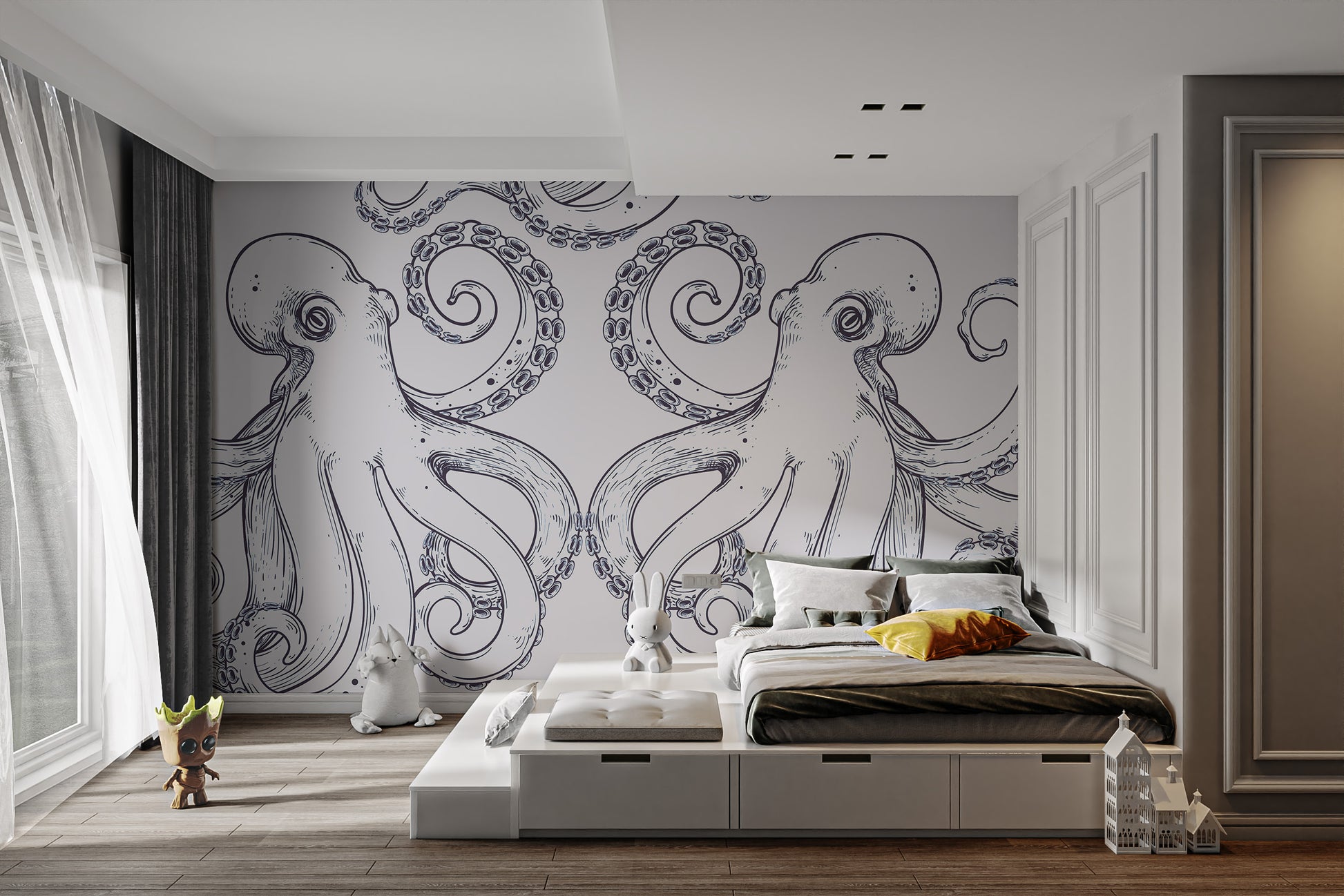 Self adhesive Giant Octopus Wall Mural in a modern bedroom with a grey bed and a large window.