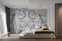 Self adhesive Giant Octopus Wall Mural in a modern bedroom with a grey bed and a large window.