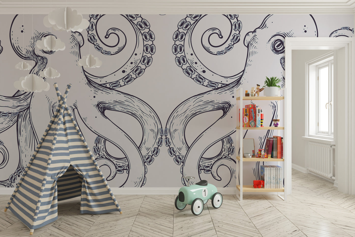 High-quality premium canvas Giant Octopus Wall Mural in a play area with a striped teepee tent.