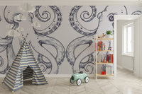 High-quality premium canvas Giant Octopus Wall Mural in a play area with a striped teepee tent.
