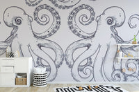 Standard finish Giant Octopus Wall Mural in a playroom featuring a black and white striped rug.