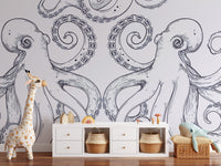 Premium Giant Octopus Wall Mural in a study area with a white storage unit and giraffe plush toy.