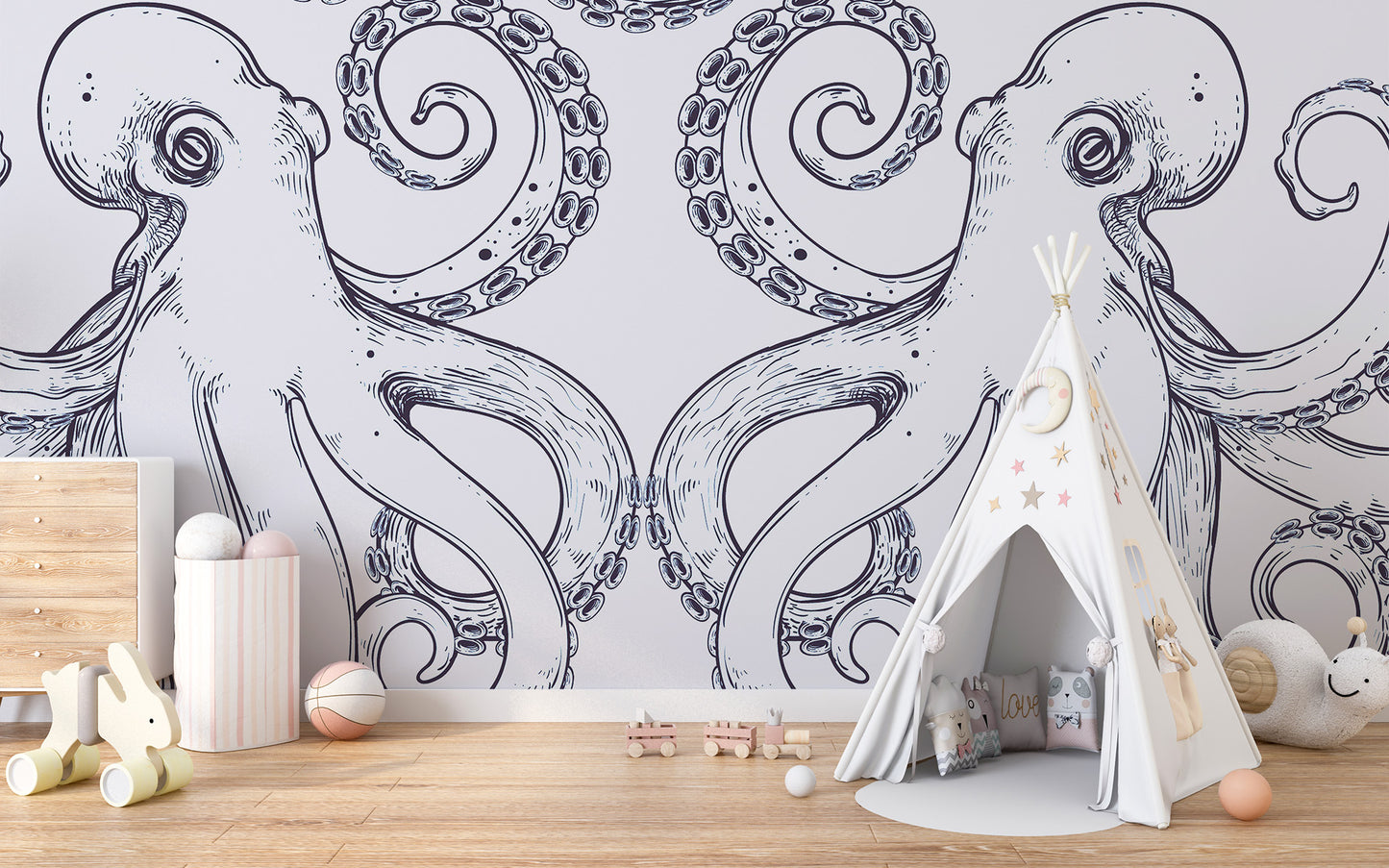 Giant Octopus Wall Mural on canvas in a playroom with a white teepee tent and wooden flooring.