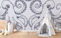 Giant Octopus Wall Mural on canvas in a playroom with a white teepee tent and wooden flooring.