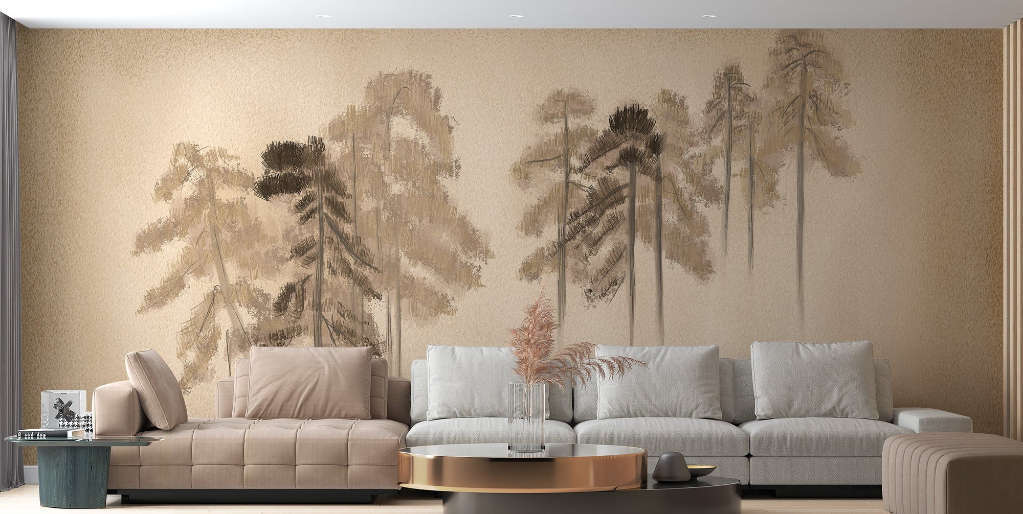 Pine Trees wallpaper mural in soft beige behind a beige sofa and grey sectional in a warm living room