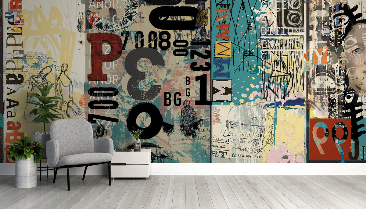 Retro Collage wallpaper mural of distressed letters and figures behind a grey armchair and white console