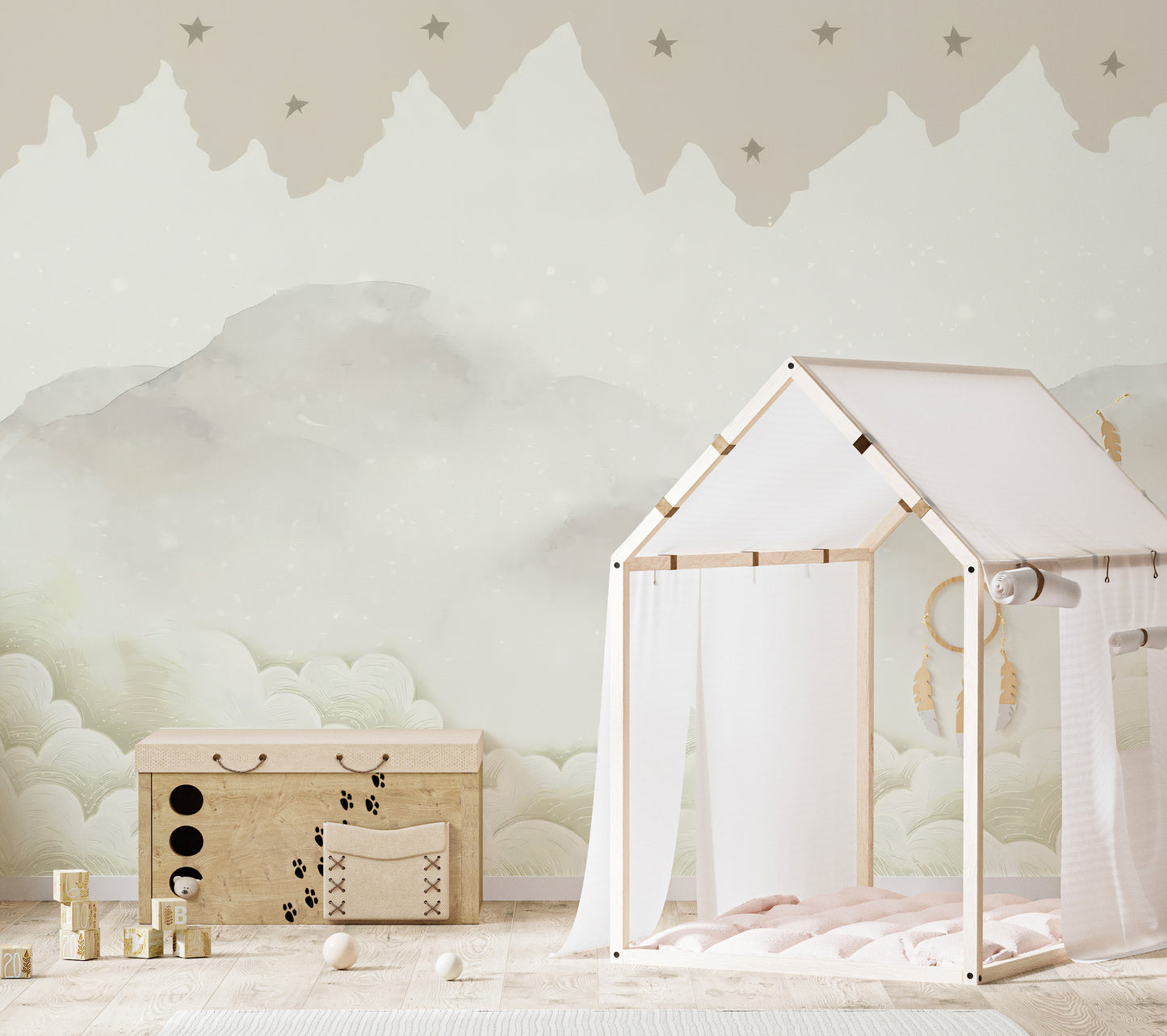 Serene Mountain Peaks wallpaper mural with clouds and stars in a kids room with canopy house bed and wooden toy chest