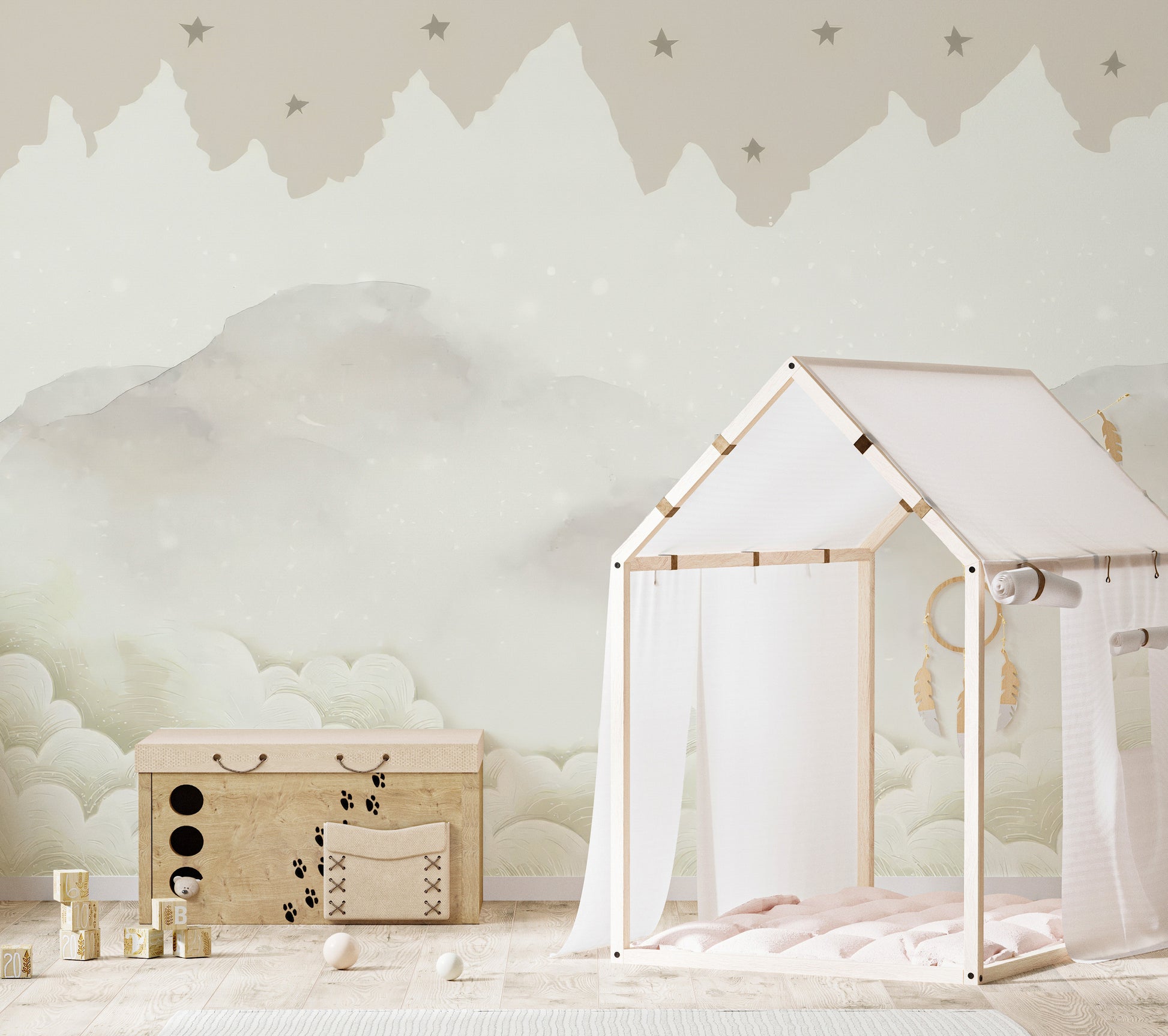 Serene Mountain Peaks wallpaper mural with clouds and stars in a kids room with canopy house bed and wooden toy chest
